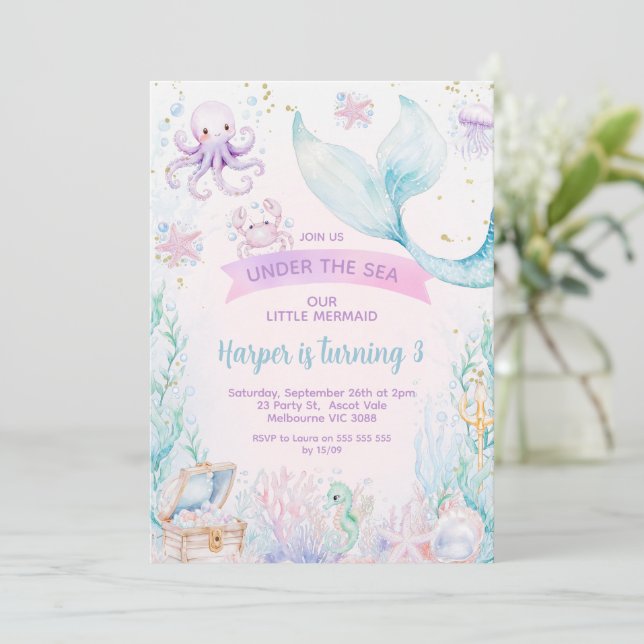Delicate Purple Blue Photo Little Mermaid Birthday Invitation (Standing Front)