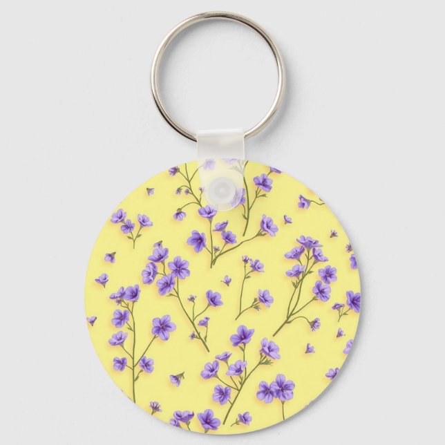 Delicate Purple Flowers on Yellow Background Keychain (Front)