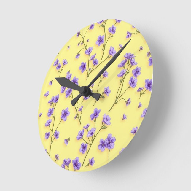 Delicate Purple Flowers on Yellow Background Round Clock (Angle)