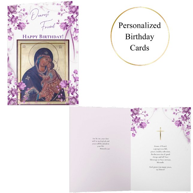 Delicate Purple Flowers Theotokos Birthday  Card (Creator Uploaded)