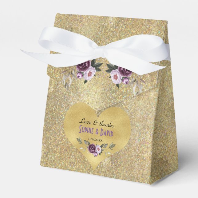 Delicate Purple Pink Flowers Gold Glitter Wedding Favor Box (Front Side)