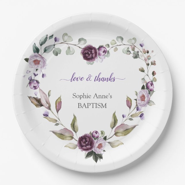 Delicate Purple Pink Peonies Flowers Baptism Paper Plate (Front)