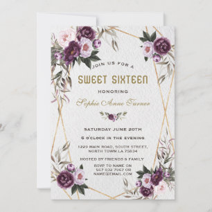 Delicate Purple Pink Peony Flowers Gold Sweet 16 Invitation