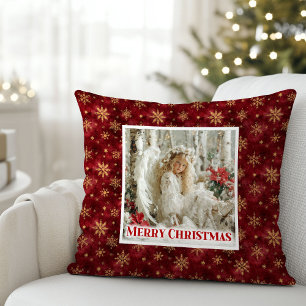 Delicate Red and Gold Angel Vintage Christmas  Throw Pillow