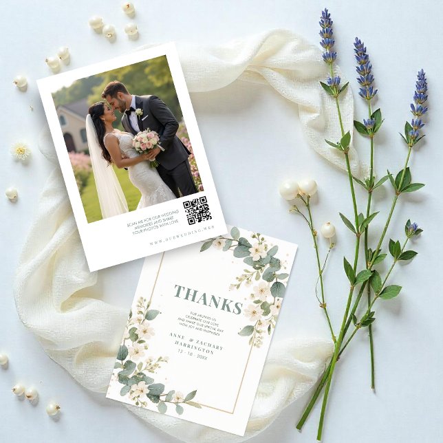 Delicate Romantic Flowers & Branches Frame Wedding Thank You Card (Delicate Romantic Flowers and Branches Frame Wedding Thank You Cards with Back Photo and QR Code. )