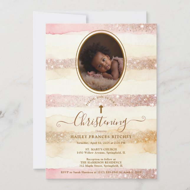 Delicate Romantic Glitter Stripes Baby Baptist Invitation (Front)