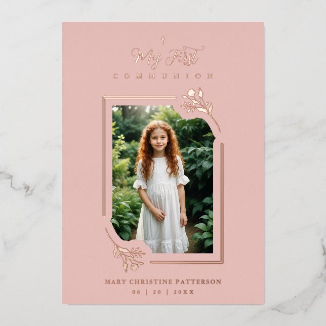 Delicate Rose Gold Botanical Frame First Communion (Front)