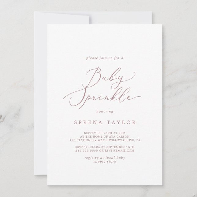 Delicate Rose Gold Calligraphy Baby Sprinkle Invitation (Front)