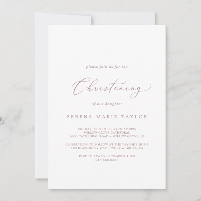 Delicate Rose Gold Calligraphy Christening Invitation (Front)
