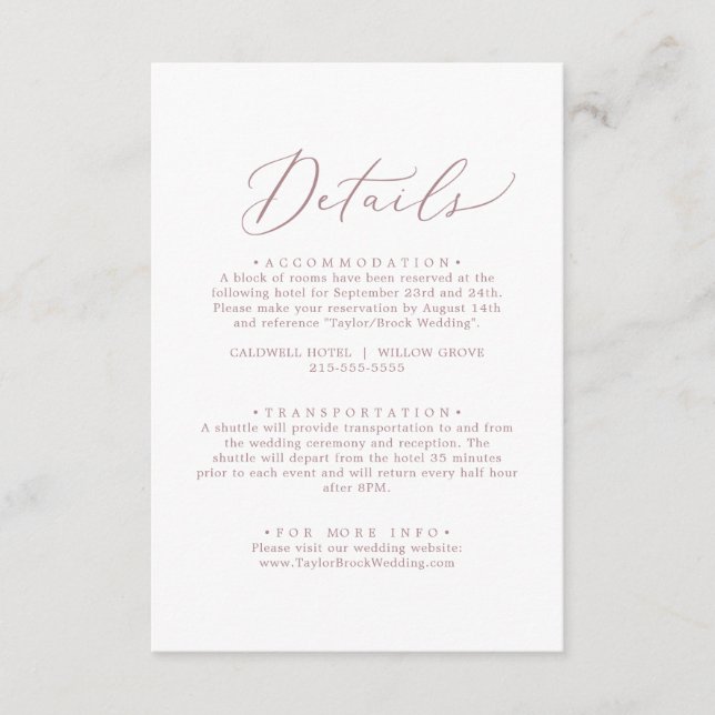 Delicate Rose Gold Calligraphy Details Enclosure Card (Front)