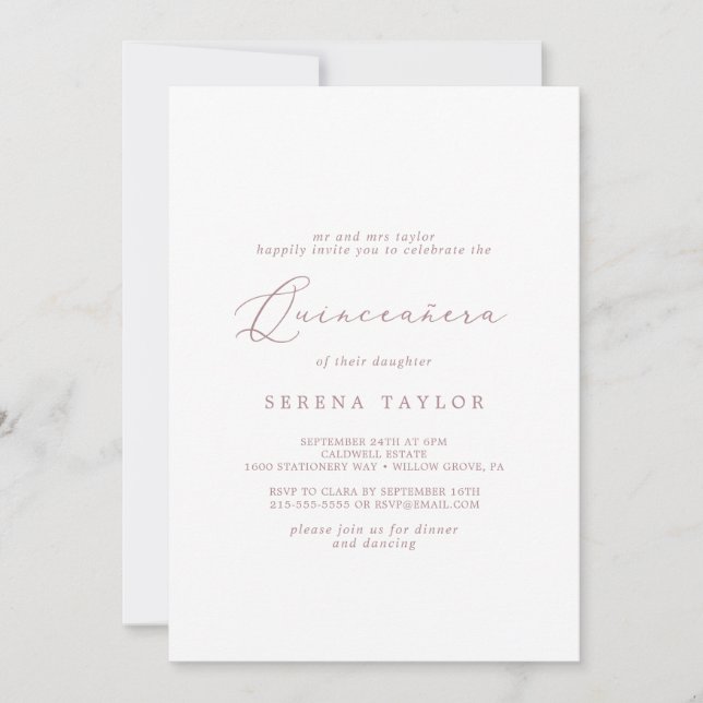 Delicate Rose Gold Calligraphy Quinceañera Invitation (Front)