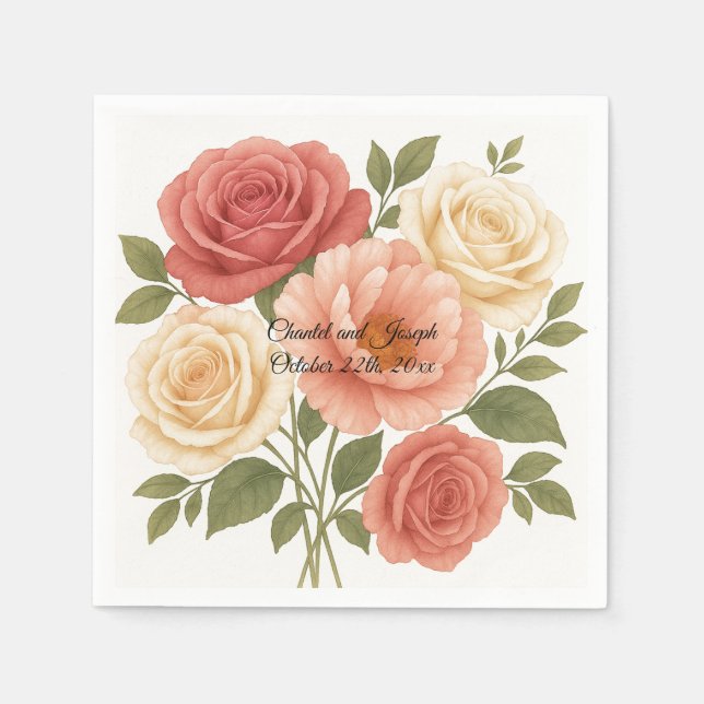 Delicate Rose Peony Personalized Wedding Napkins (Front)