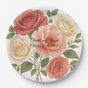 Delicate Rose Peony Personalized Wedding Paper Plate