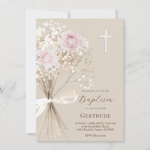 delicate roses and gypsophila bouquet Baptism Invitation