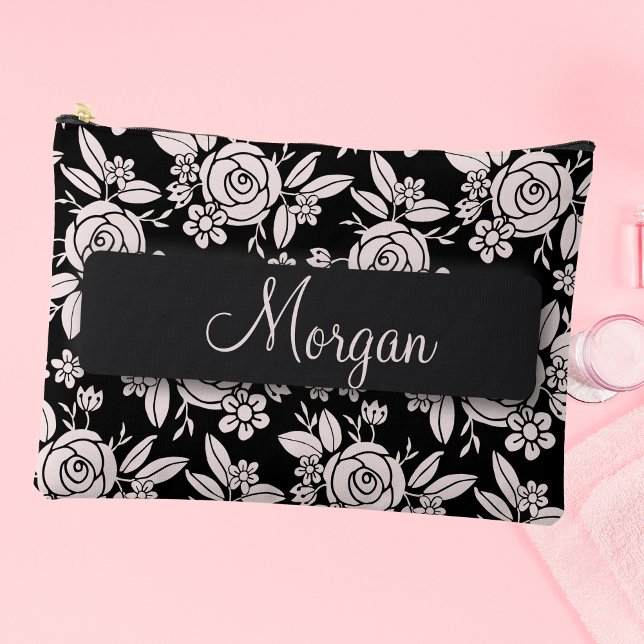 Delicate Roses Personalized Accessory Pouch (Customizable delicate roses makeup accessory zippered pouch.)