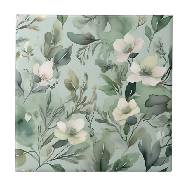 Delicate Sage Green Floral Pattern Tile (Front)