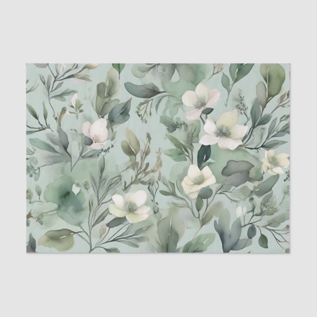 Delicate Sage Green Floral Pattern Tissue Paper (Front)