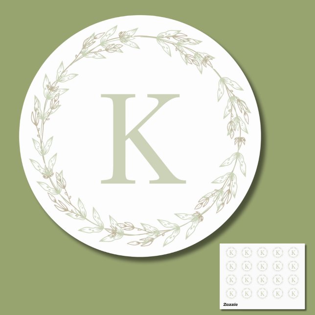 Delicate Sage Green Wreath Monogram  Classic Round Sticker (Creator Uploaded)