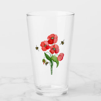 Delicate scarlet poppy flower and bumblebees glass