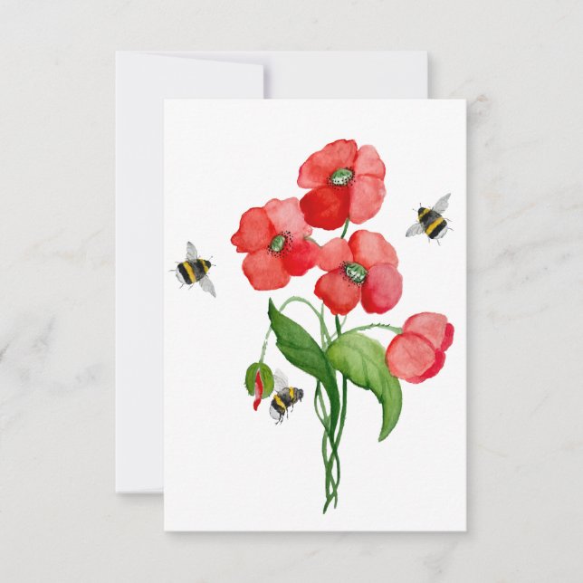 Delicate scarlet poppy flower and bumblebees thank you card (Front)