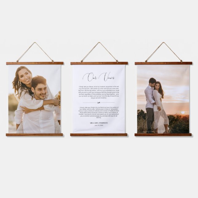 Delicate Script Wedding Vows Anniversary 2 Photo Hanging Tapestry (Triple)