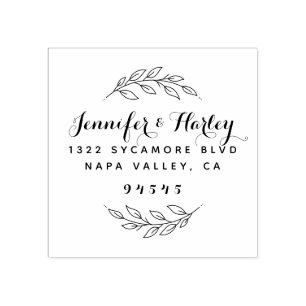 Delicate Script & Wreath Couple Return Address Rubber Stamp