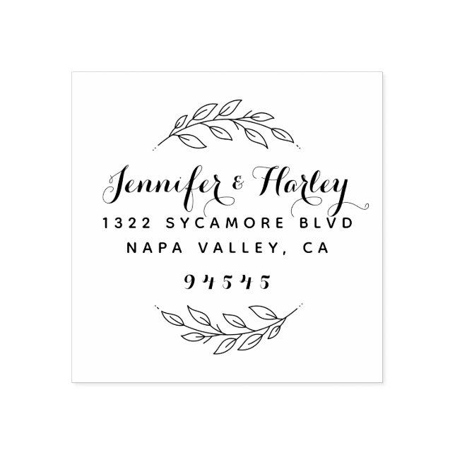Delicate Script & Wreath Couple Return Address Rubber Stamp (Imprint)