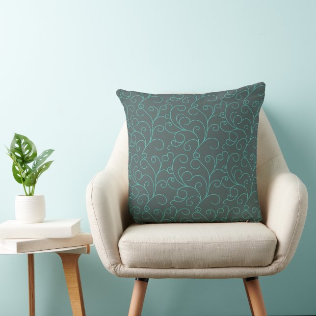 Delicate Scroll Abstract Dusty Grey Green Teal Throw Pillow (Chair)