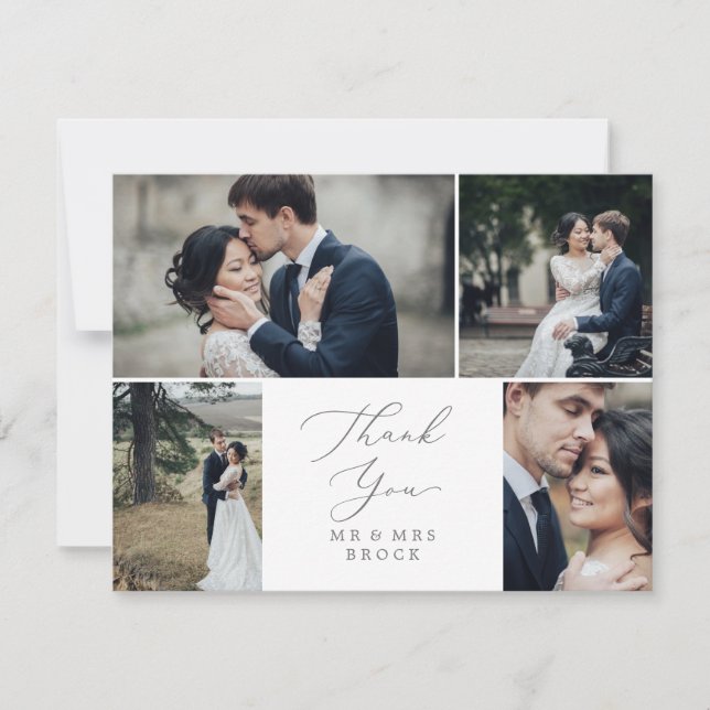 Delicate Silver 4 Photo Template Thank You Card (Front)