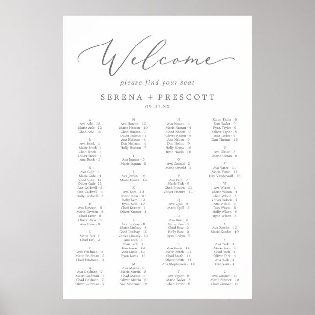 Delicate Silver Alphabetical Seating Chart (Front)