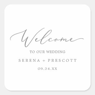 Delicate Silver Calligraphy Wedding Welcome Square Sticker