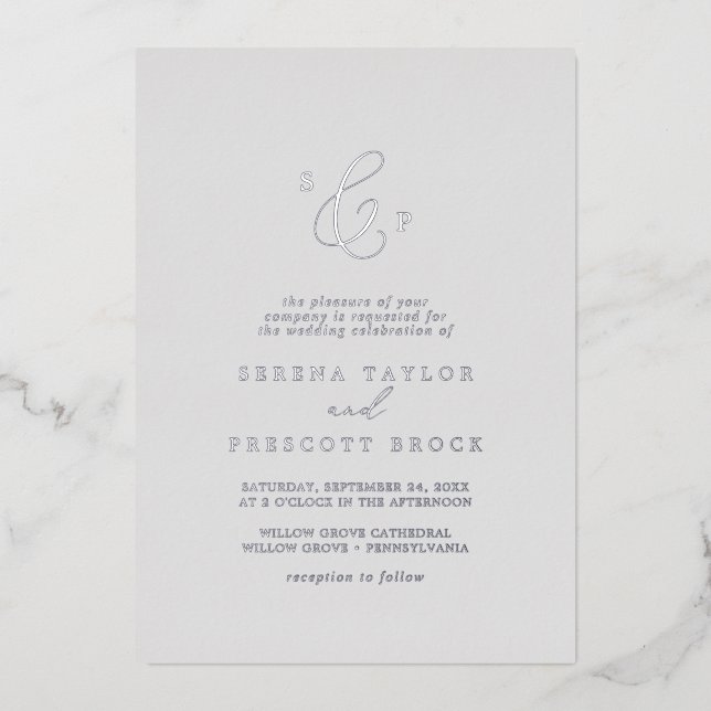 Delicate Silver Foil Grey Formal Monogram Wedding (Front)