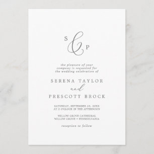 Delicate Silver Formal Monogram Wedding Invitation