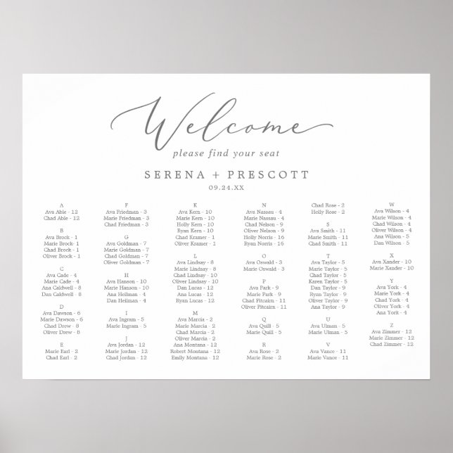 Delicate Silver Horizontal Alphabetical Seating Poster (Front)