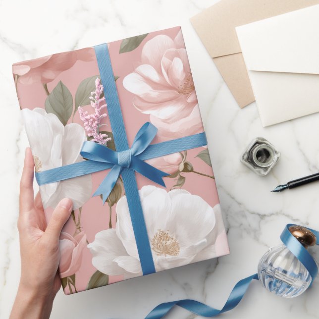 Delicate Soft Pink Rose White Floral Pattern Wrapping Paper (Gifting)
