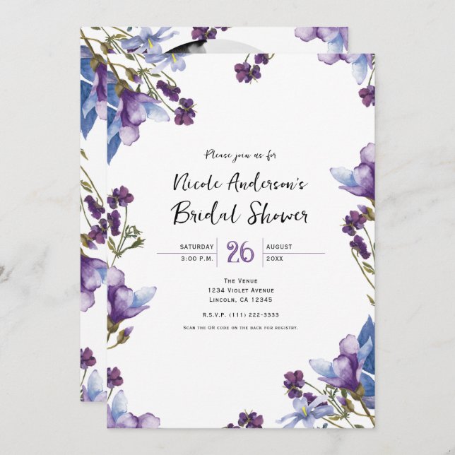 Delicate Spring Flowers Purple Bridal Shower Invitation (Front/Back)