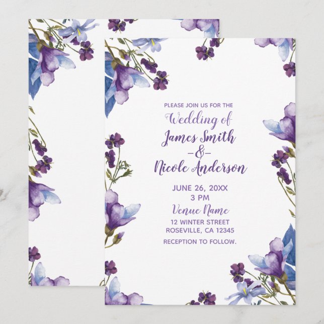 Delicate Spring Flowers Purple Floral Wedding Invitation (Front/Back)
