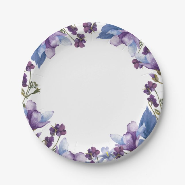 Delicate Spring Flowers Purple Spring Floral Paper Plate (Front)