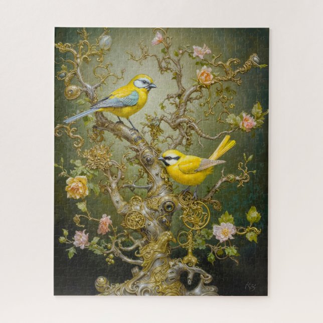 Delicate style ornate bird scene with pink flower jigsaw puzzle (Vertical)