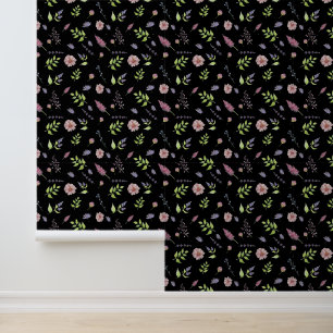 Delicate Stylish Botanical Floral Pattern on Black Wallpaper