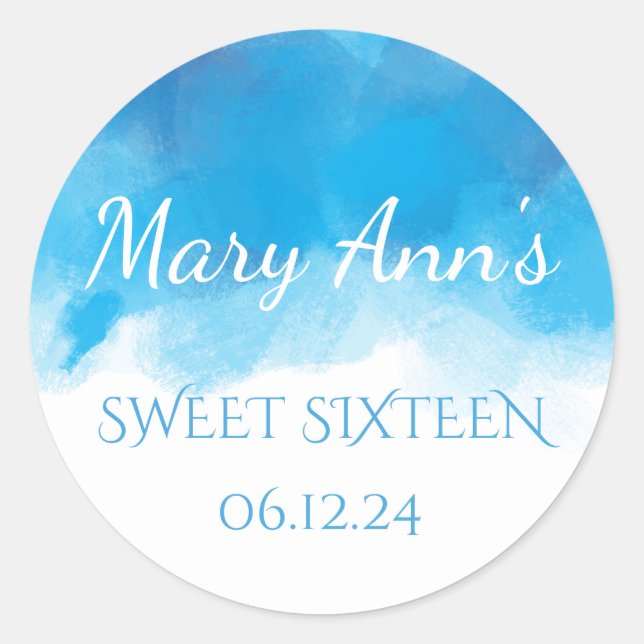 Delicate Sweet 16 Summer Blue Watercolor Classic Round Sticker (Front)