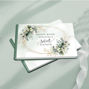 Delicate Sweet 16 watercolor greenery foliage gold Guest Book