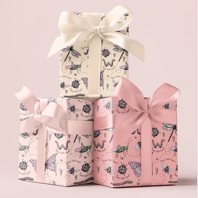 Delicate Sweet Little Critter Feminine Blush Pink Wrapping Paper Sheet (An adorable, feminine BLUSH PINK Insect Wrapping Paper pattern for baby girls or mothers-to-be :))