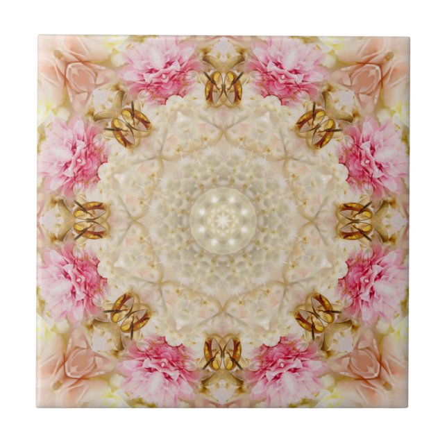 Delicate Taupe & Pink Mandala Design Ceramic Tile, Tile (Front)