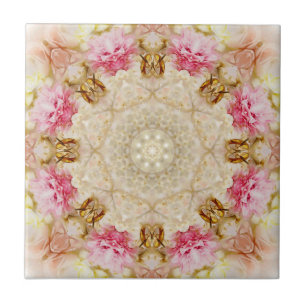 Delicate Taupe & Pink Mandala Design Ceramic Tile, Tile