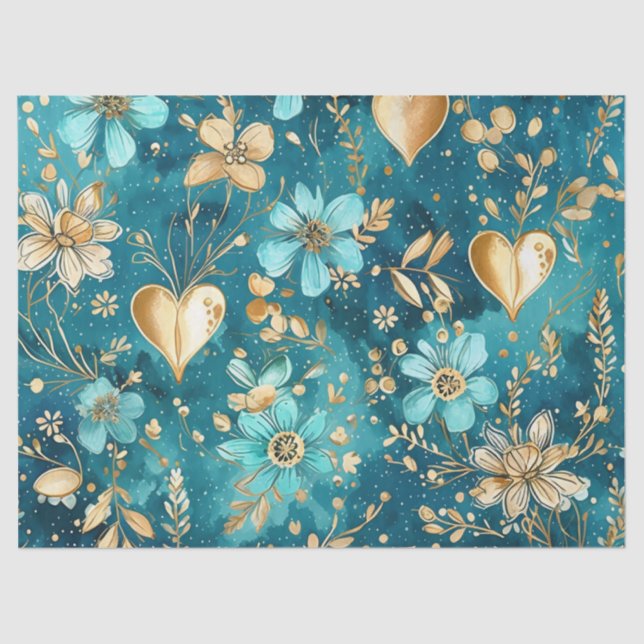 Delicate Teal & Gold Floral & Hearts Decoupage  Tissue Paper (Front)