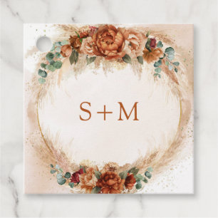 Delicate terracotta burgundy sage floral initials favour tags