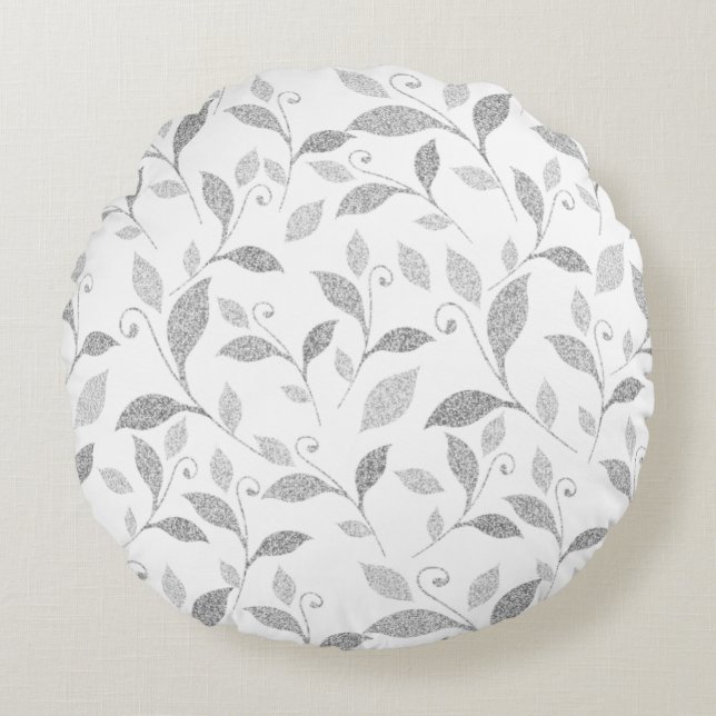 Delicate Textured Grey Floral Round Pillow (Front)