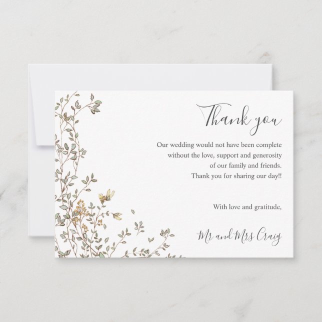 Delicate Tiny Green leaves green Wedding thank you (Front)