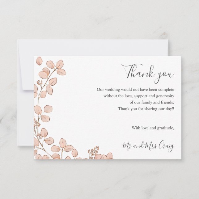 Delicate Tiny Pink leaves green Wedding thank you (Front)
